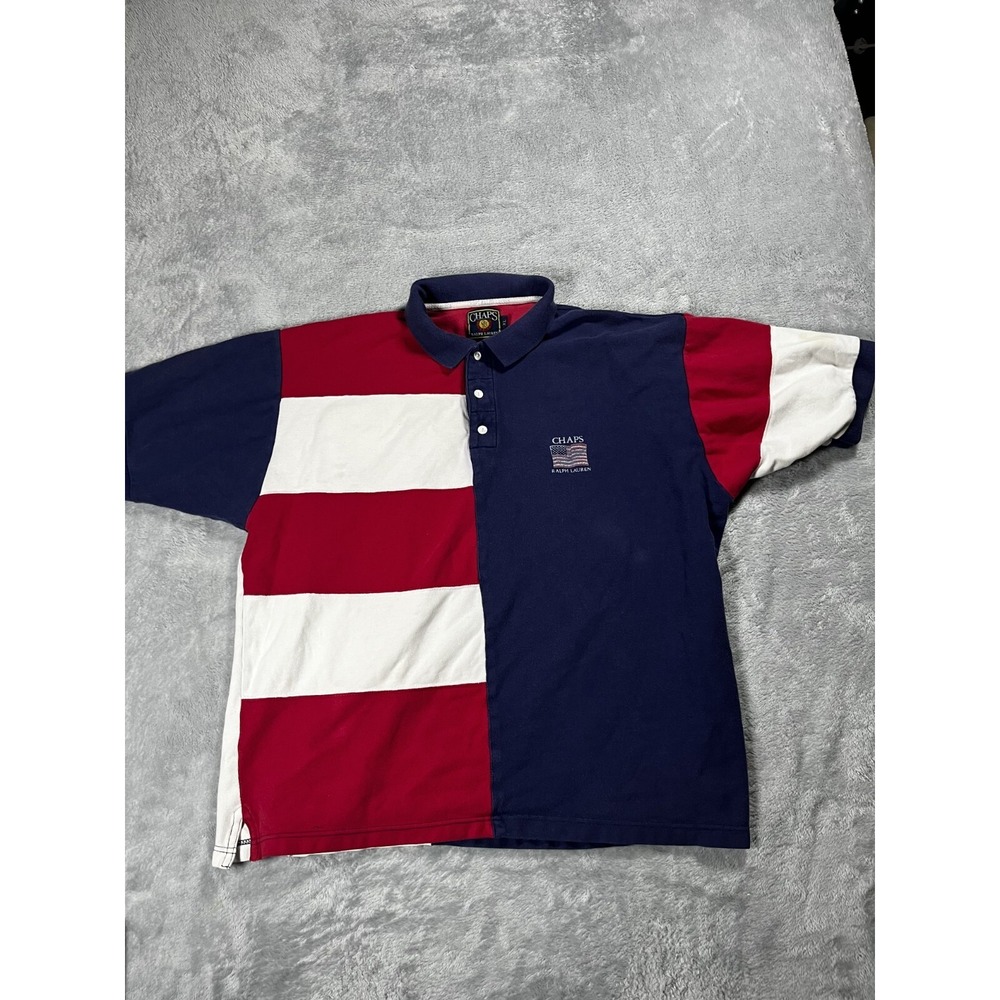 Chaps Ralph Lauren Rugby Polo Shirt Mens XL Colorblock Blue Red Short Sleeve USA